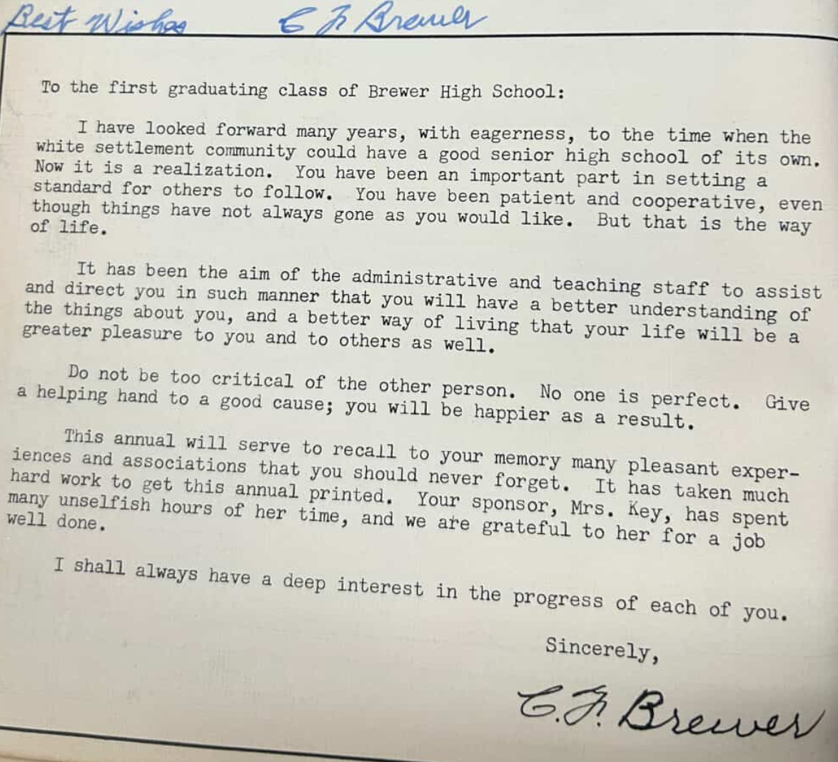 Cyrus Frances Brewer’s message to the first graduating class in the yearbook of 1953.